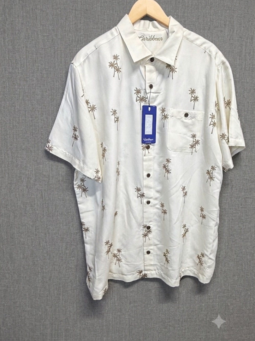 NWT Caribbean Roundtree & Yorke Mens 2XB Cream Embroidered Palm Tree Camp Shirt